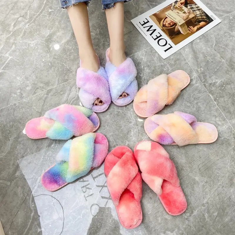

2022 New Winter Women's Wool Slippers Lady Indoor Colorful Cross Open Toes Shoes Fashion Non-Slip Contrasting Colors Flip-Flops