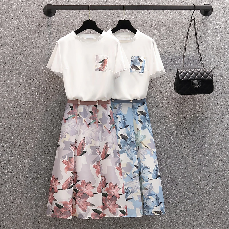 

High Quality Runway Style 2022 Summer Women Two Piece Sets Floral Print Short Tshirt Tops and button Print Mid Skirt Sets Dress