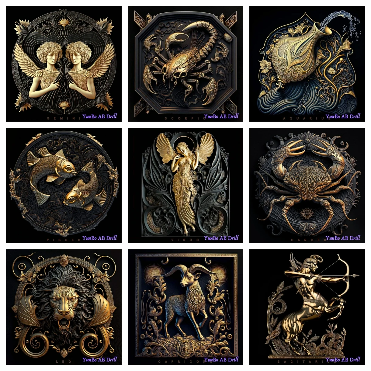 

Fantasy Astrology Gold Zodiac Sign DIY AB Drill Diamond Art Painting Twelve Constellation Mosaic Cross Stitch Crafts Home Decor