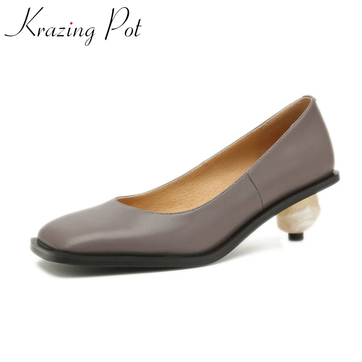 

Krazing Pot cow leather square toe pearl strange style med heels daily wear shoes slip on solid color fairy luxury summer pumps