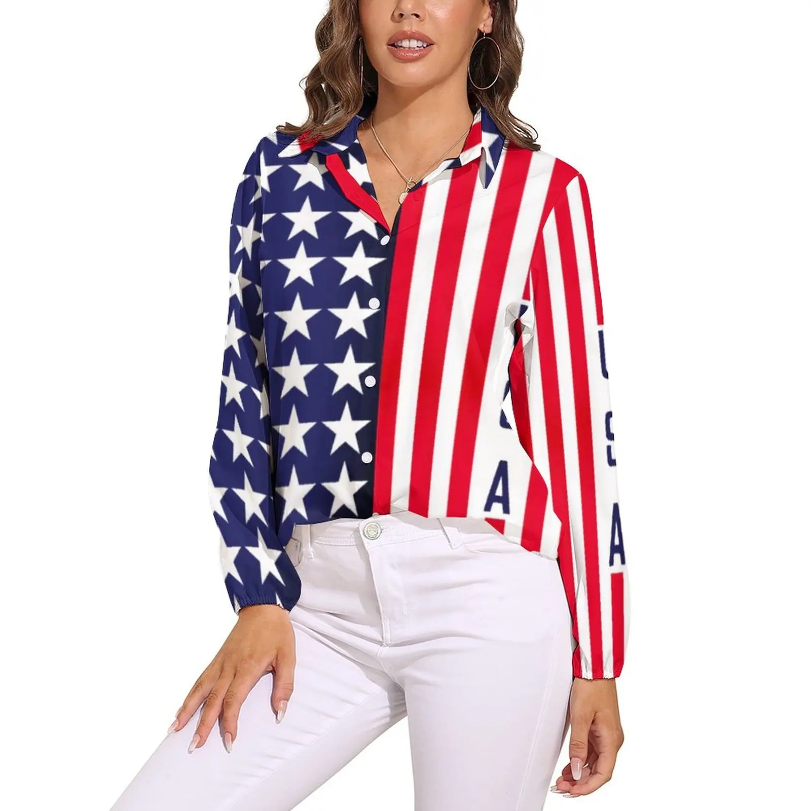 

USA American Flag Blouse Woman Patriotic Modern Stars Stripes Casual Loose Blouses Long Sleeve Retro Shirt Clothing Large Size