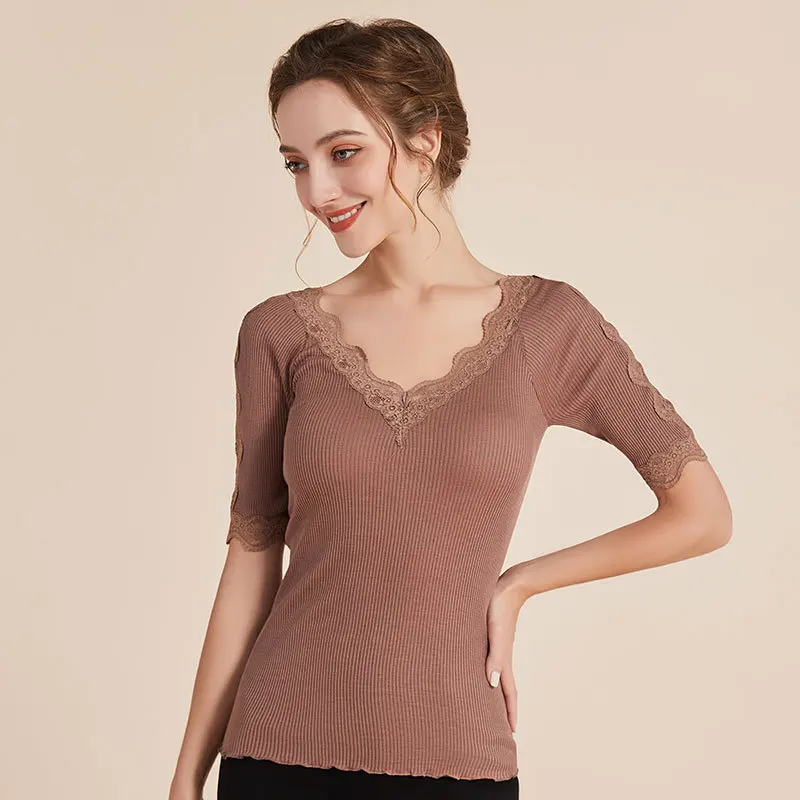 

70% Mulberry Silk Knitting Bottoming Shirt for Women Slim Fit Threaded Half Sleeve Lace V Neck Thin Comfortable T-Shirt Spring