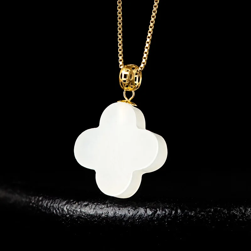 

Natural Old Hotan White Jade Four Leaf Grass Pendant Genuine 18K Gold Inlaid Jadeite Charms Necklace For Men's Women's Jewelry