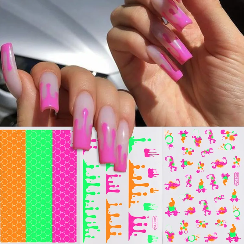 

Fluorescent Nail Sticker Neon Color Luminous Nail Decoration 3D Nail Foil Drip Decal Self-Adhesive Manicure Nail Beauty