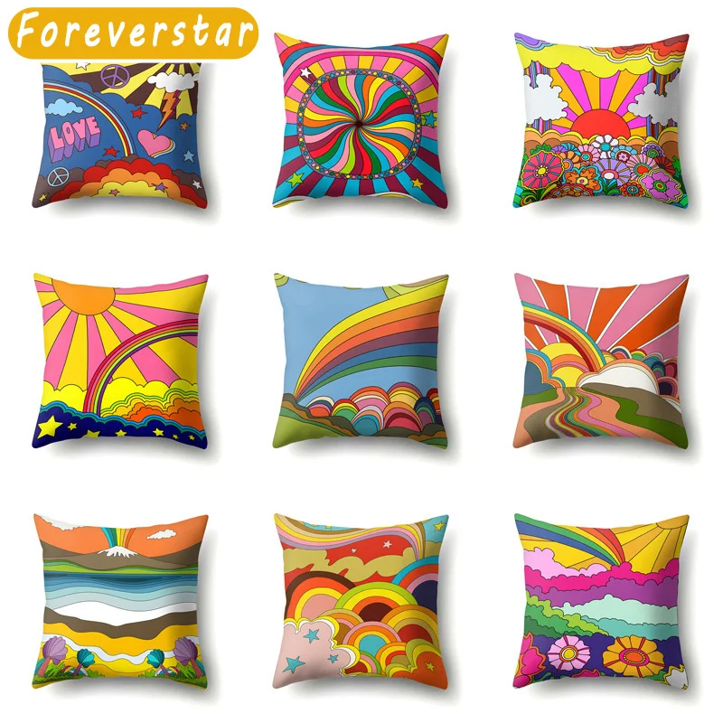 

Fashion Cushion Cover Cartoon Sun Sunrise Polyester Pillow Case For Bedroom Rainbow Throw Pillows 45x45cm Funda Cojin Cojines