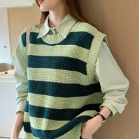 fashion contrast color stripe sweaters vest women autumn elegant retro round neck knitwear waistcoat loose sleeveless pullovers
