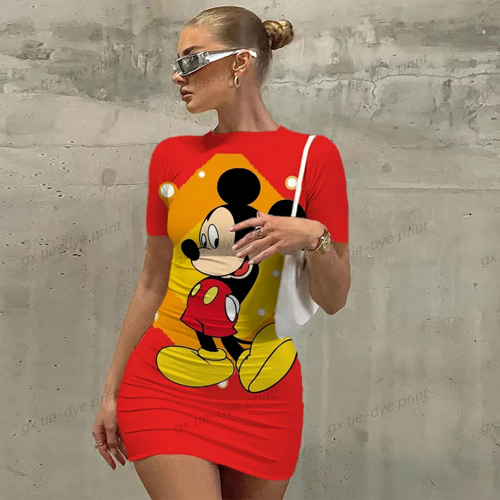 

Летнее облегающее платье с коротким рукавом и принтом Минни Микки Маус