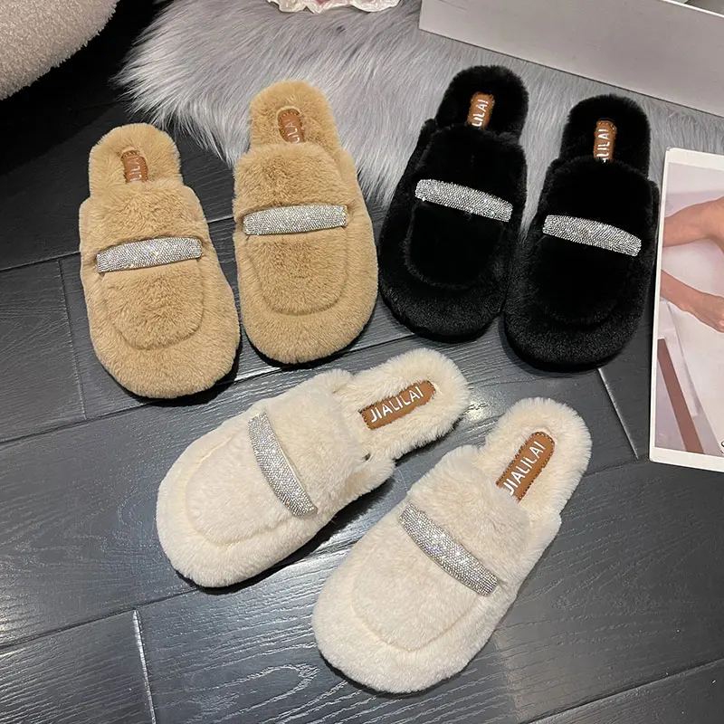 

Flat Shoes Female Womens Slippers Outdoor Flock Fur Flip Flops Cover Toe Pantofle Luxury Slides Plush 2022 Designer Soft Fashion