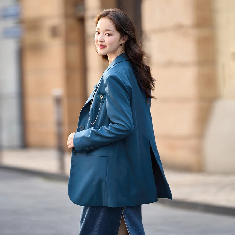 INMAN Women Blazer 2023 Autumn Long Sleeves Lapel Loose Coat Single Breasted Fashion Classics Versatile Navy Jacket Outwear