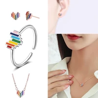 creative fashion seven color rainbow love open ring sweet all match heart shaped index finger ring earrings collarbone chain