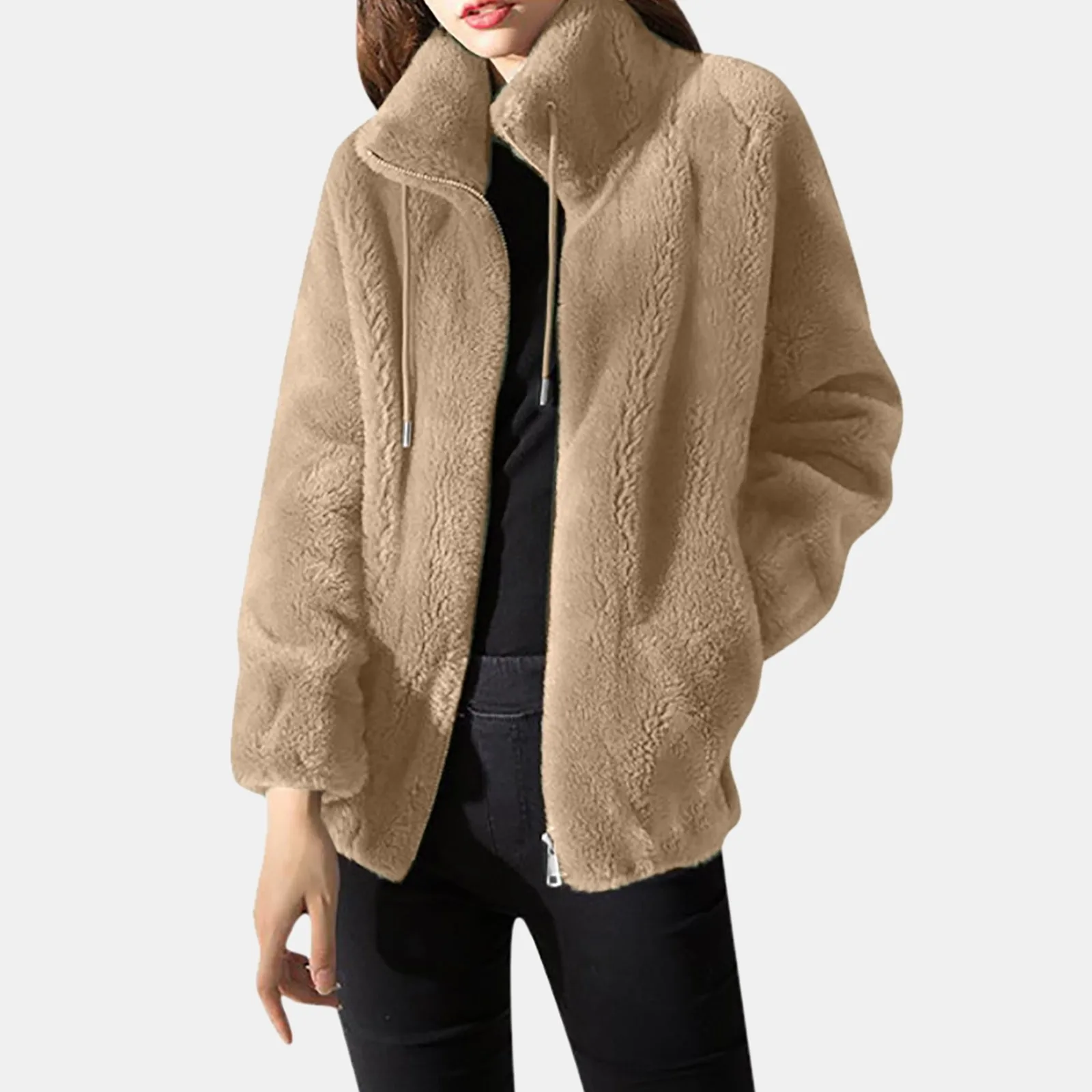 Женская флисовая куртка из искусственной замши на молнии с воротником-стойкой и