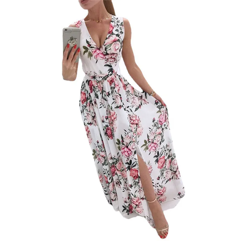 

Woman Dress Summer Casual V-Neck Elegant Patchwork Sleeveless Floral Print Long Dresses Holiday Off Shoulder Boho Beach Sundress