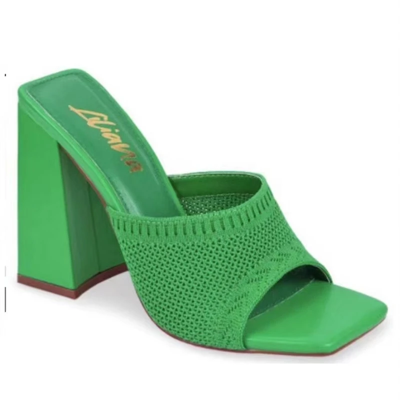 

Square Toe High-heeled Slippers Women's Outside Wear 2022 Spring Plus Women's Shoes Triangle Thick Heel Sandals Banquet Sandals