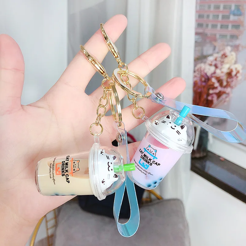 

Personality Keychain Creative Keychains Women Acrylic Cartoon Cat Milk Tea Cup Small Fresh Cute Bag Pendant Couple Fashion