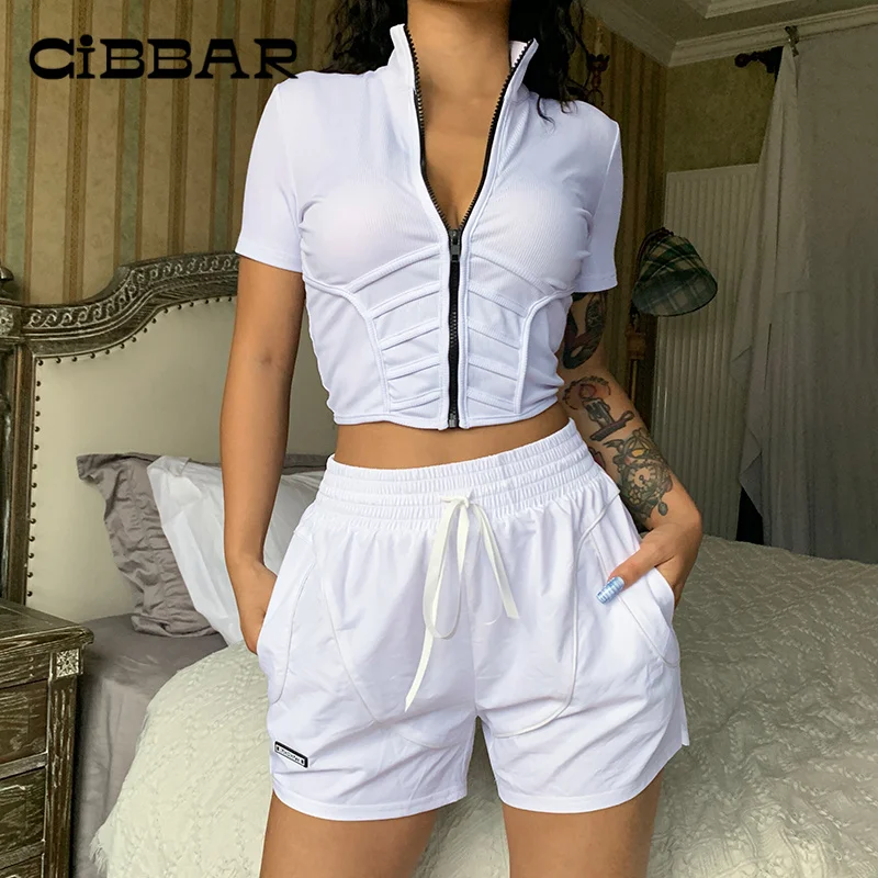 

Женский спортивный костюм CIBBAR из 2 предметов, летний облегающий топ на молнии и свободные шорты с высокой талией, тренировочные костюмы, ули...