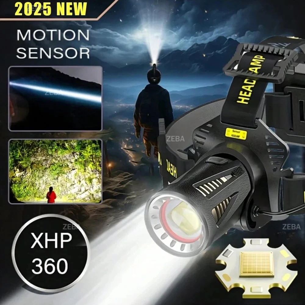 Фото XHP360 Мощный светодиодный налобный фонарь, супер яркий масштабируемый фонарь, USB перезаряжаемый сильный свет, налобный фонарь для рыбалки, кемпинга №1