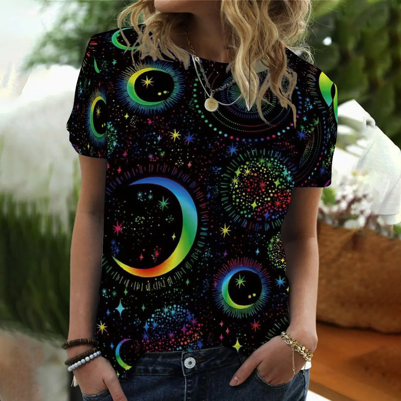 

European and American summer new sun and moon printed round neck short-sleeved T-shirt top women's plus size women's clothing