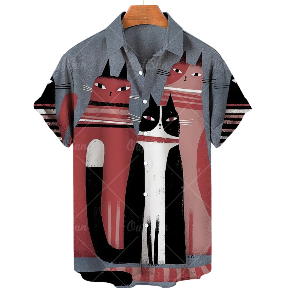 2022 summer new men's cartoon cat 3D print shirt fashion short-sleeved casual shirt button lapel comfortable breathable fabric