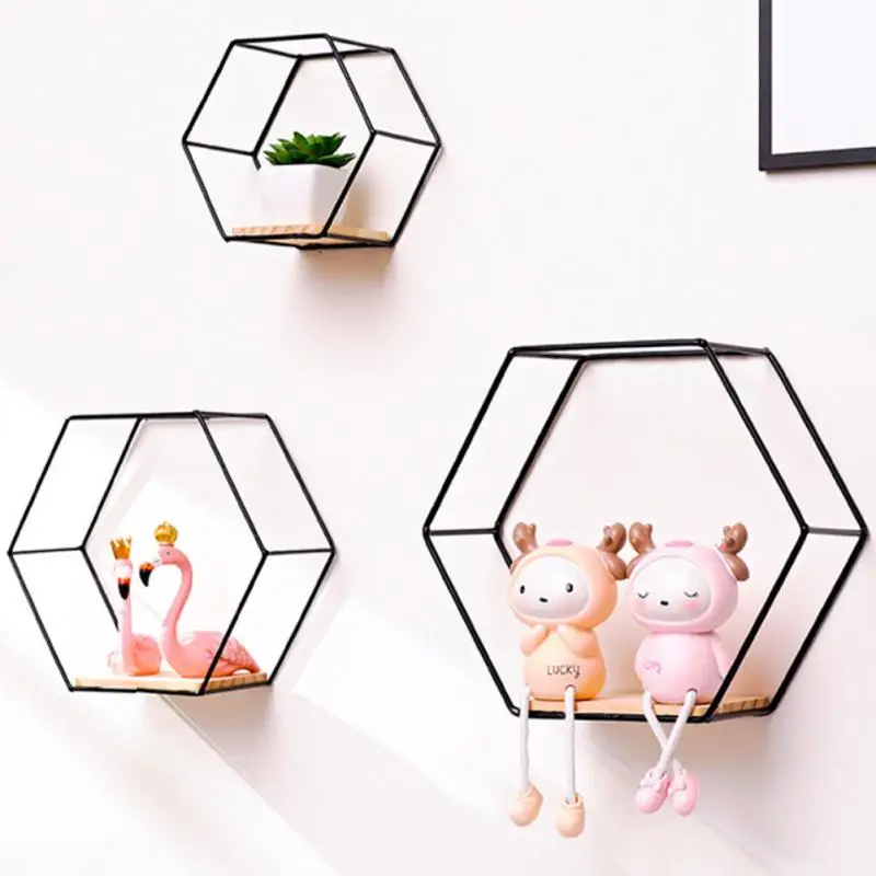 Nordic Wall Mounted Floating Hexagon Shelf Metal Framed Storage Holder Rack with Wooden Board Geometric Frame Stand Home Decor