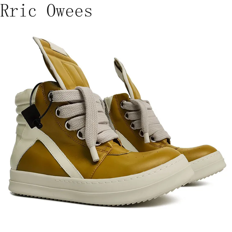 

Rric Owees Men's Women Shoes High-quality High-top Inverted Triangle Yellow Sheepskin Thick-soled Height-increasing Board Shoes
