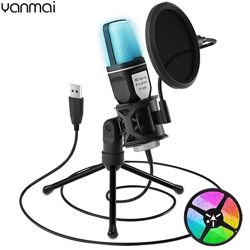 Free Shipping USB Microphone RGB Microfone Condensador Wire Gaming Mic for Podcast Recording Studio Streaming Laptop Desktop PC