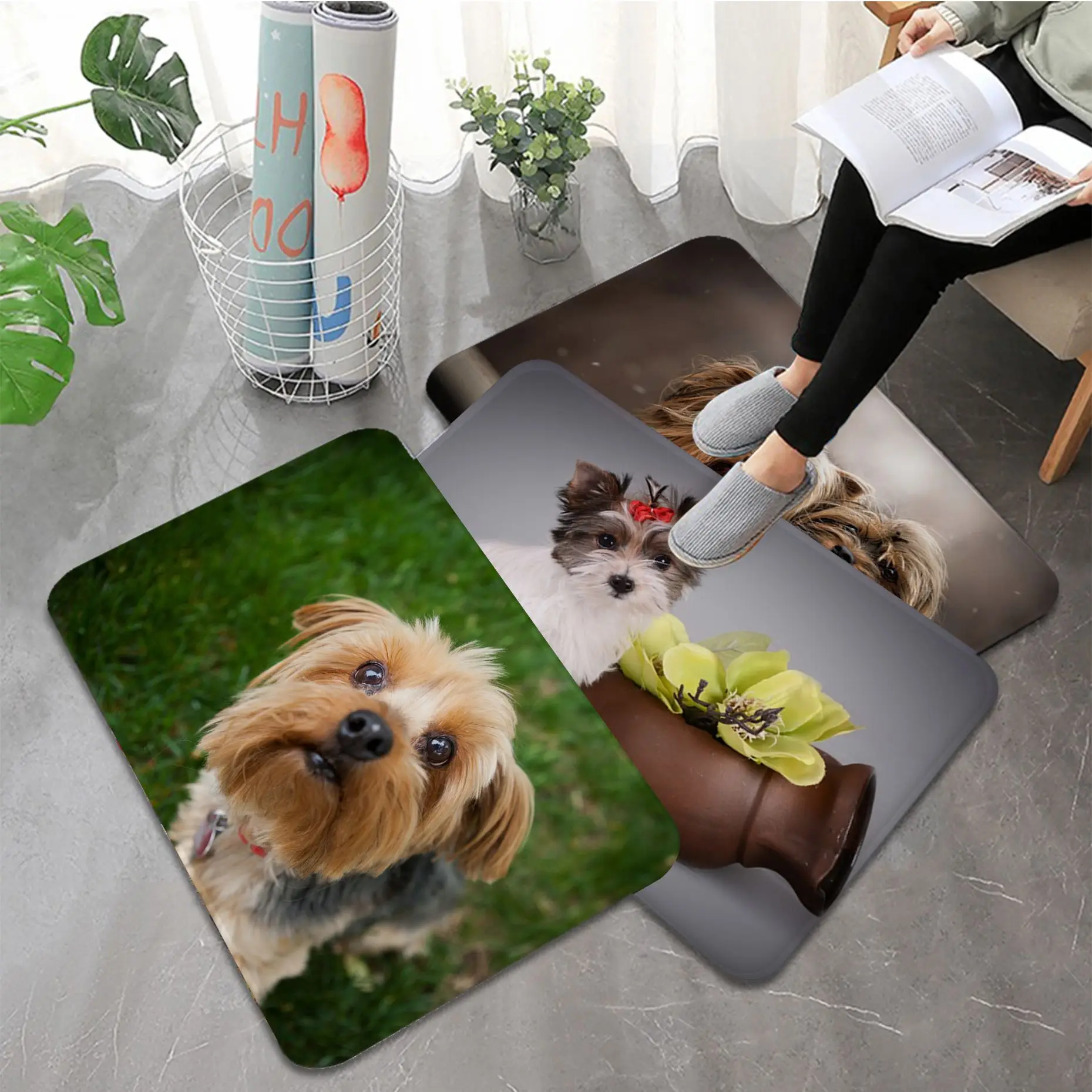 

Yorkshire Terrier Dog Printed Flannel Bathroom Rug Decor Non-slip Mat for Living Room Kitchen Welcome Doormat