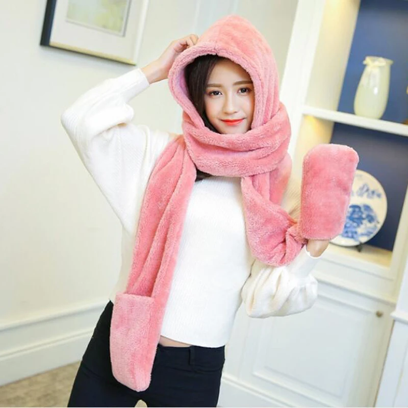 

3 in 1 Women Winter Hood Scarf Hat Glove Set Warm Soft Snood Pocket Hooded Srarves Women Fashion Scarf Hat Glove For Girl