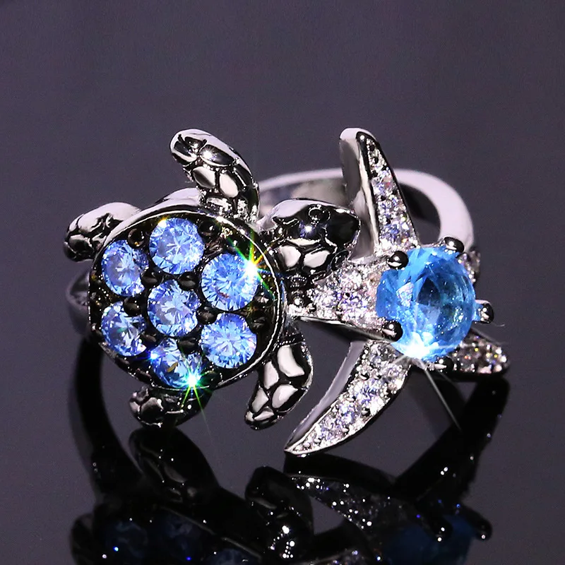 

Creative Irregular Black Gold Turtle Starfish Round Sapphire Full Diamond Couple Ring For Women Geometric Valentine Gift Jewelry