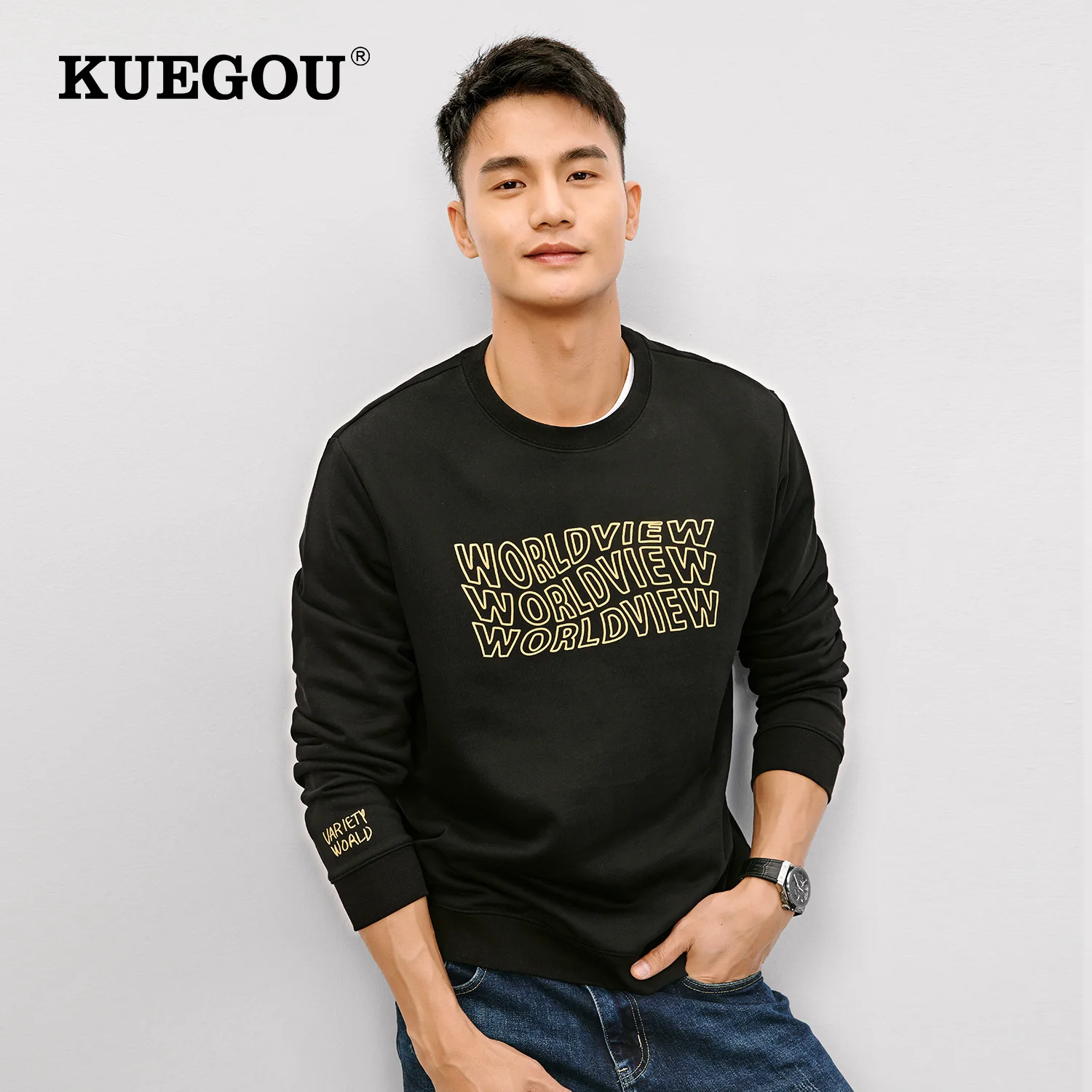 

KUEGOU 2022 Spring Cotton Print Black Letter Sweatshirt Men Crewneck Slim Fashion For Male Streetwear Plus Size Clothing 26124