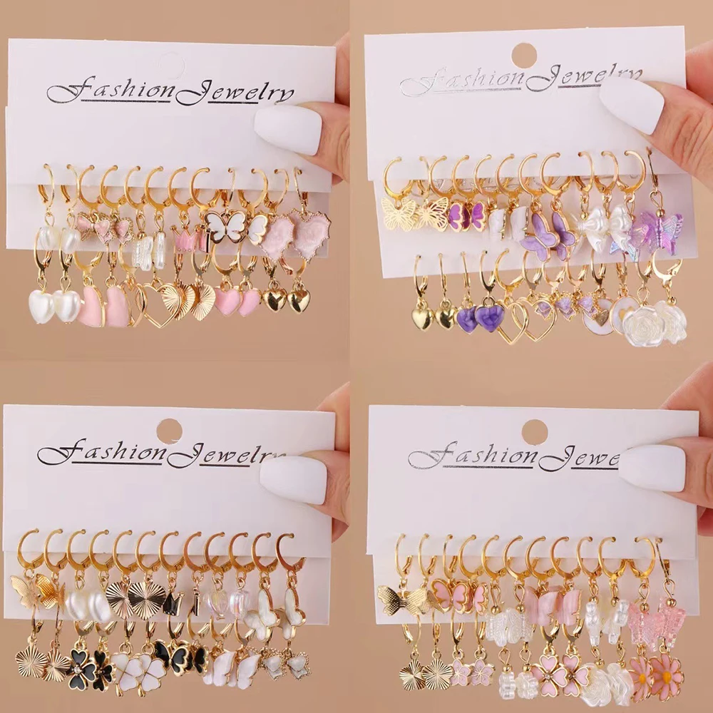 Набор сережек-гвоздиков в виде бабочек и цветов 12 шт