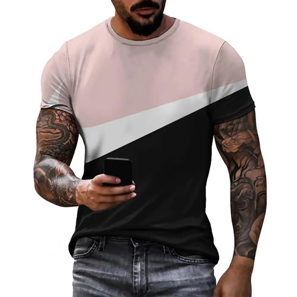 

shirts for men Patchwork Contrast Color O Neck Casual Summer T-shirt for men clothing рубашка мужская