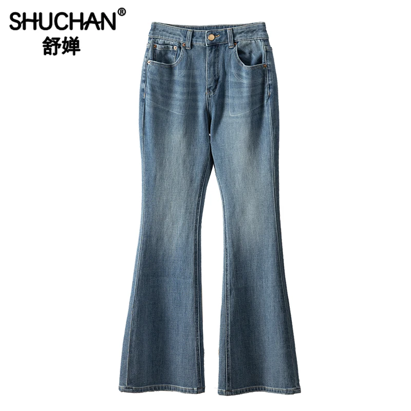 

High Waisted Cotton Flare Jeans 2023 Autumn Winter Full Length Skinny Cotton Polyester Spandex High Street Distressed