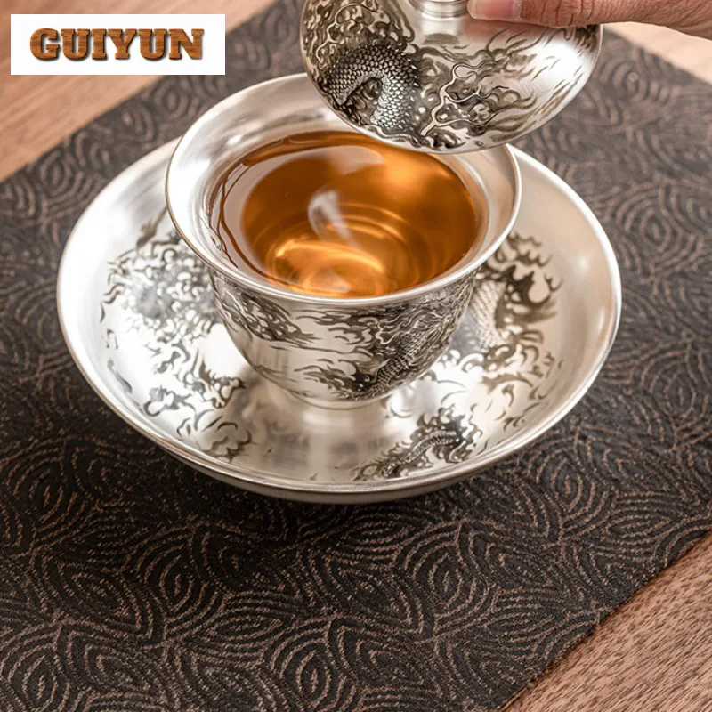 150 мл Handamde 999 позолоченный серебряный фарфоровый корпус Gaiwan Ink Dragon Play Pearl Cover Чаша