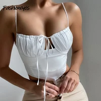 fashioncyes sexy party bodycon corset white crop top spaghetti strap bandage hollow out sexy beach solid crop tops women 2021