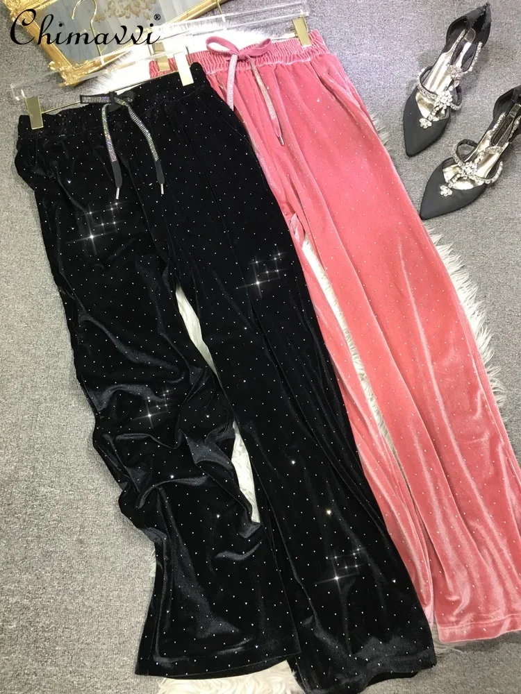 

European Heavy Hot Drilling Straight-Leg Pants Women's Slim Black High Waist Pleuche Long Pants Autumn Winter New Casual Pants