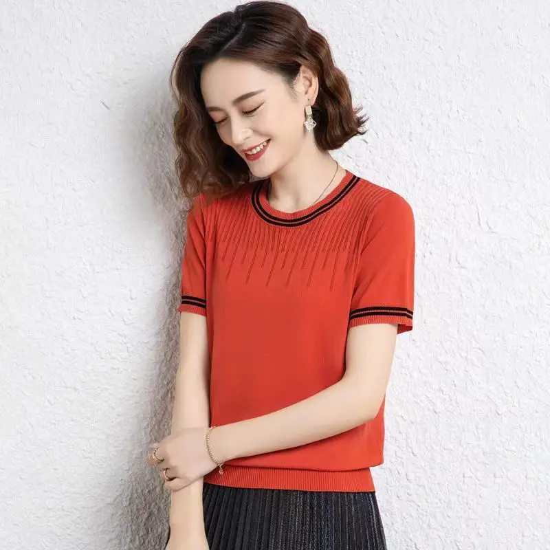 

Summer short -sleeved pullovers female solid casual hollow round neck color knitted small pullovers shirt female clothings tops