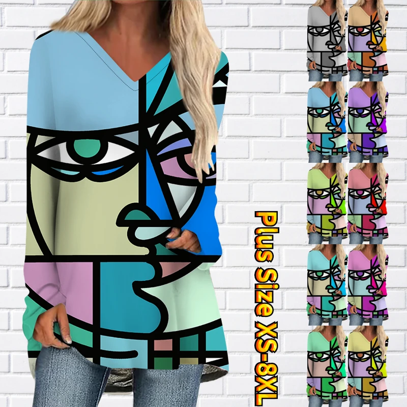

2022 Autumn Winter Women's Fashion Long Sleeve Top Trend V-Neck T-shirt Casual Loose Tee Shirt Ladies Abstract Printing Pullover