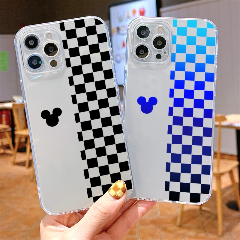 

Disney Mickey Colorful Plaid Phone Case For iPhone 11 12 Pro Max Mini 13 Pro X XR XS Max SE 2020 6 7 8 Plus Clear Silicone Cover