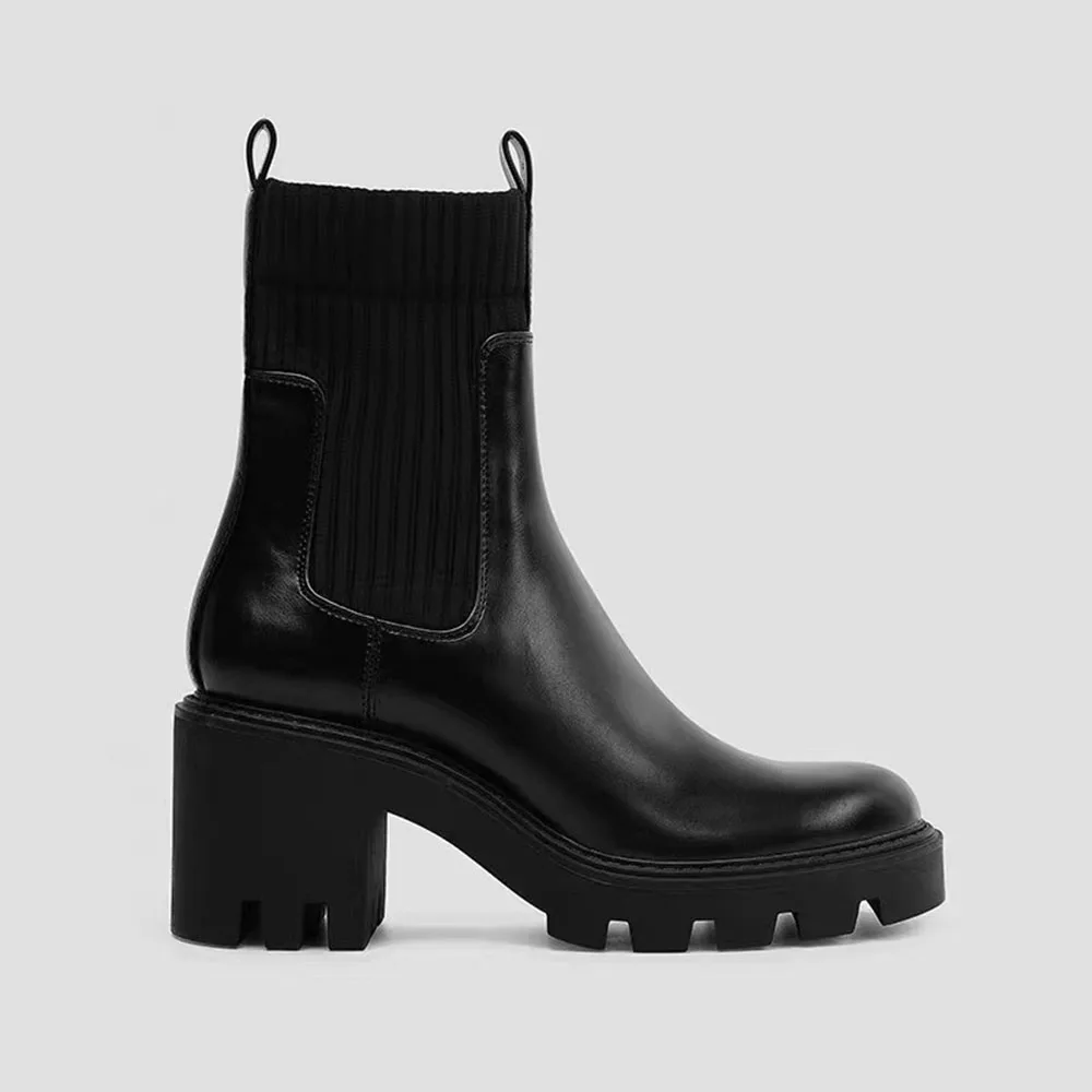 

Women New Autumn Winter Fashion Chelsea Boots Female PU Leather Block Heels Platform Shoes Ladies Knitted Solid Sexy Ankle Boot