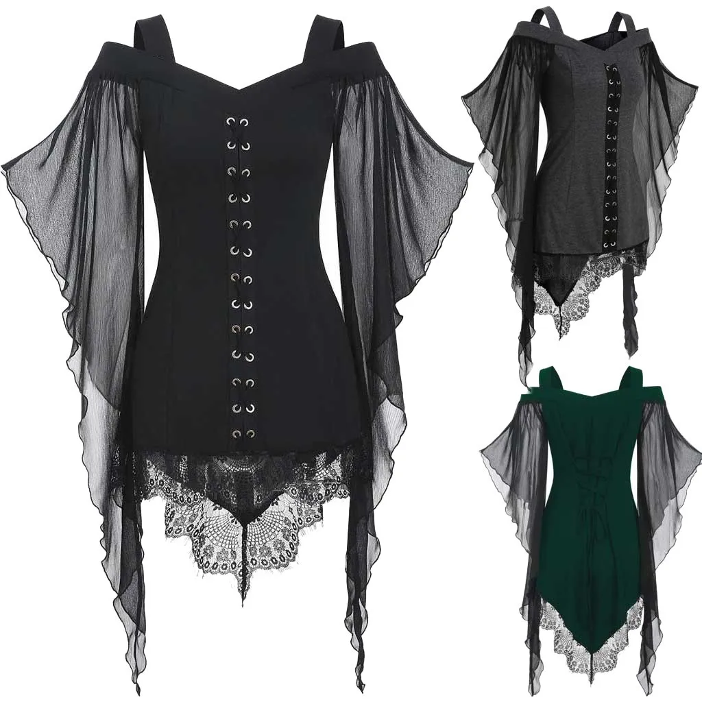 Mandylandy Gótico Grande Swing Blusas Femininas Retro Vintage Manga Irregular Retalhos Topo Chiffon Sólidos Topos Medievais
