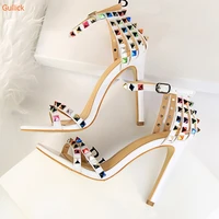 women rivet rome sandals pointed toe high thin heels shoes patent leather ankle strap cover heel summer shoes 2022 newest