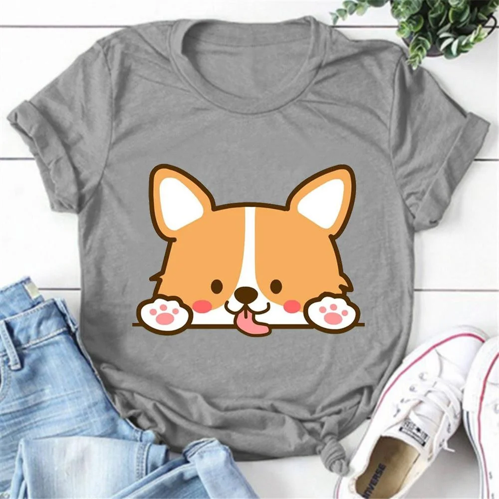 Женская футболка с коротким рукавом круглым вырезом и принтом собаки