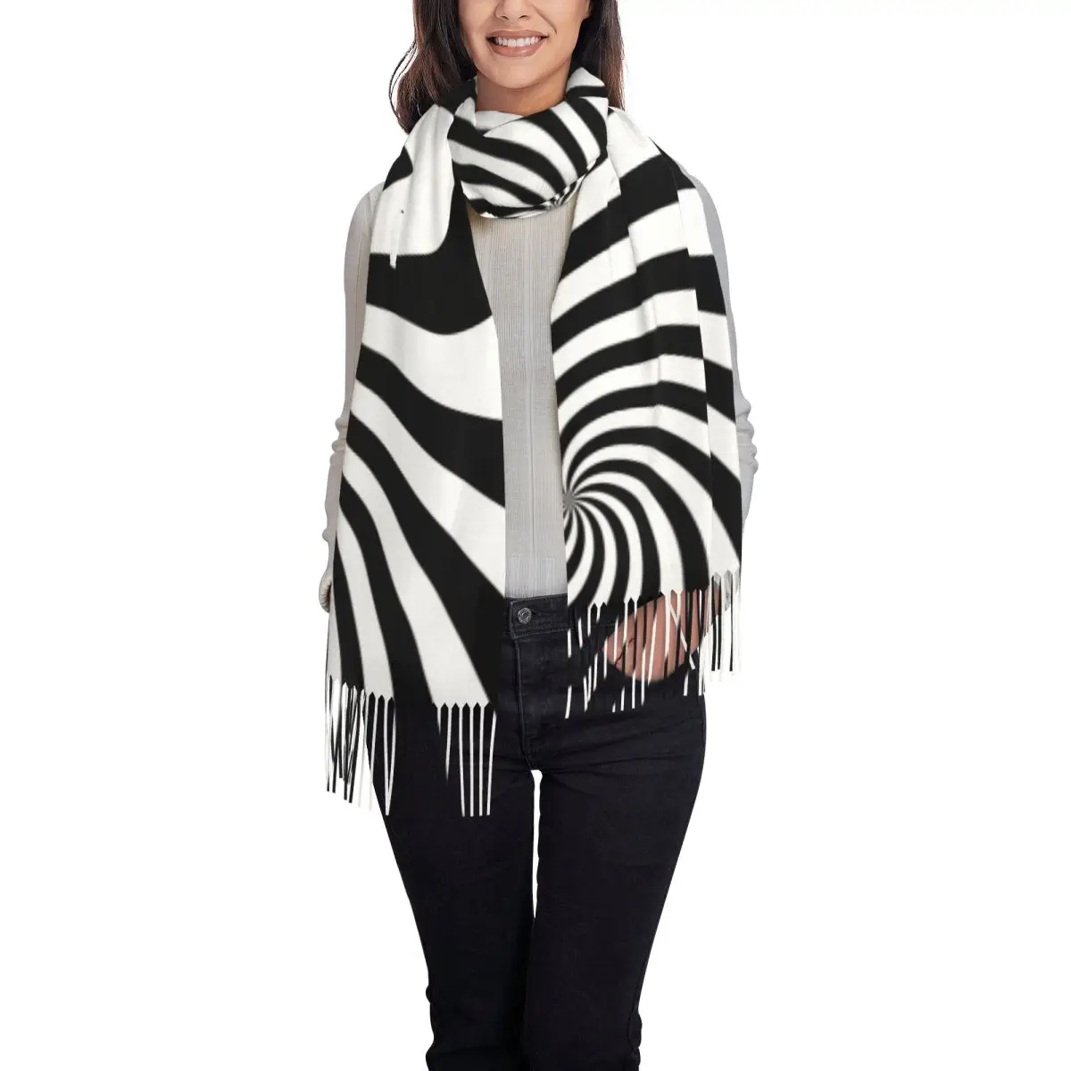 Белый и черный шарф со звездами женский длинный зимне-осенний теплый шаль с