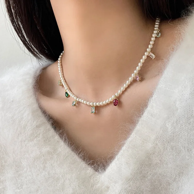 

Ailodo Multicolor Cubic Zirconia Pendant Necklace For Women Elegant Party Wedding Imitation Pearl Necklace Fashion Jewelry Gift