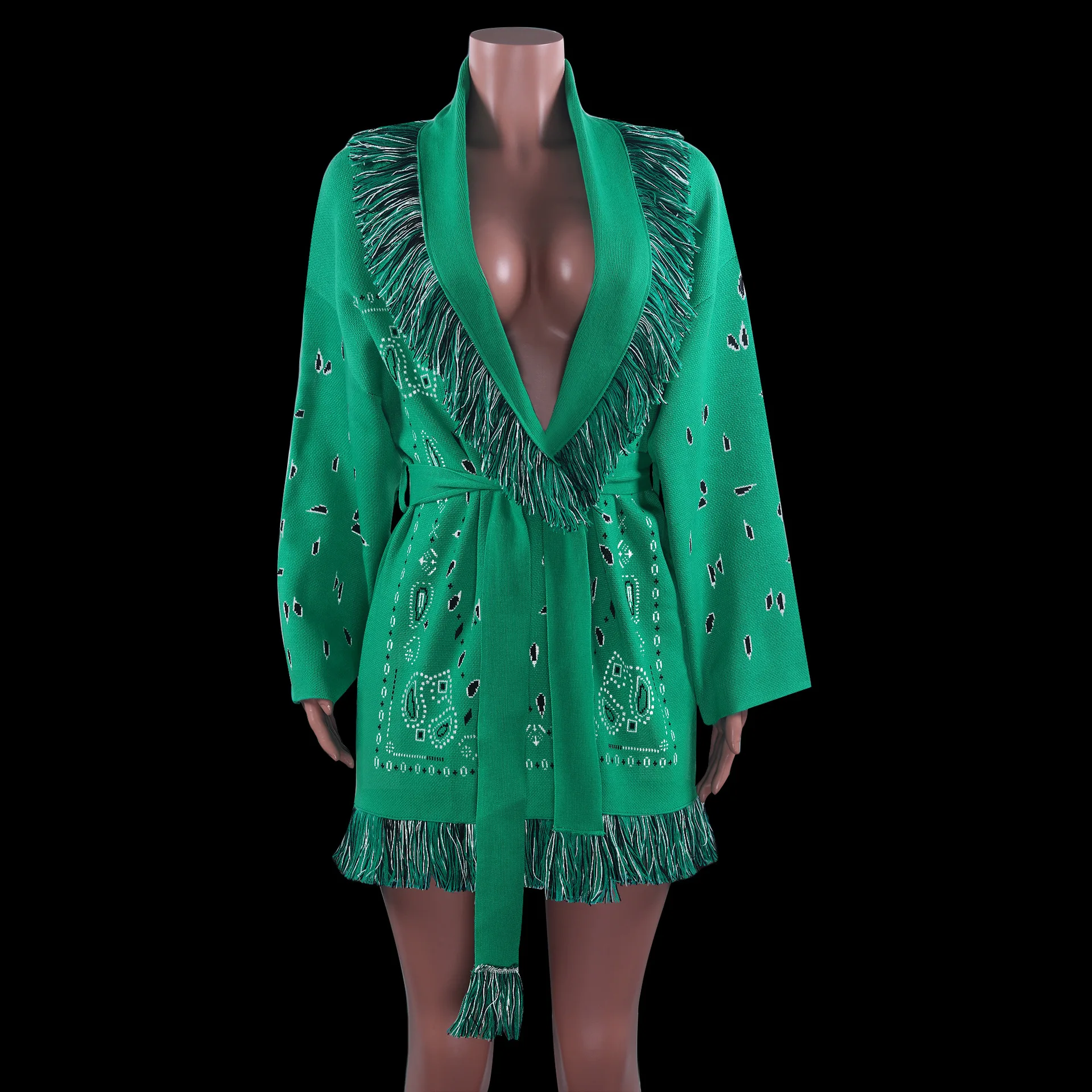 

Loose Tassel Cardigan Knitted Women Green Fashion Oversized with Sashes 2022 Autumn Winter V Neck Long Sleeve Casual Sweater