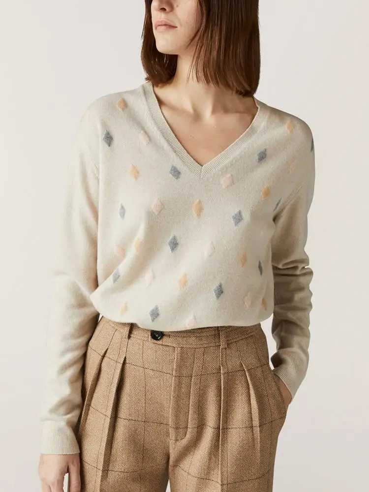 

Женский трикотажный кашемировый пуловер с длинным рукавом и V-образным вырезом