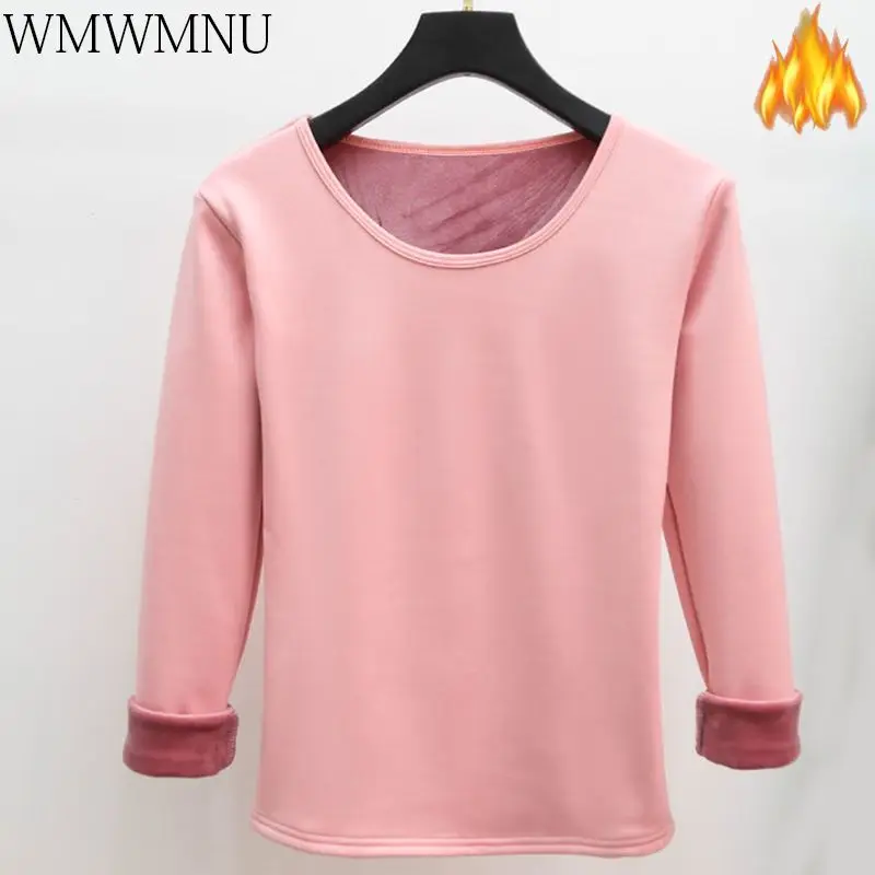 

Элегантные плюшевые Футболки с длинным рукавом, теплый топ с круглым вырезом, базовая зимняя мягкая одежда для снега в Корейском стиле, нови...