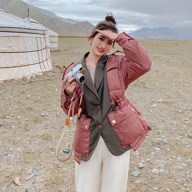 Autumn Winter 2021 Female Jackets Korean Trench New Suit Stitching Fake Two-Piece Short Thick Warm Loose Casual Women Coats Ins