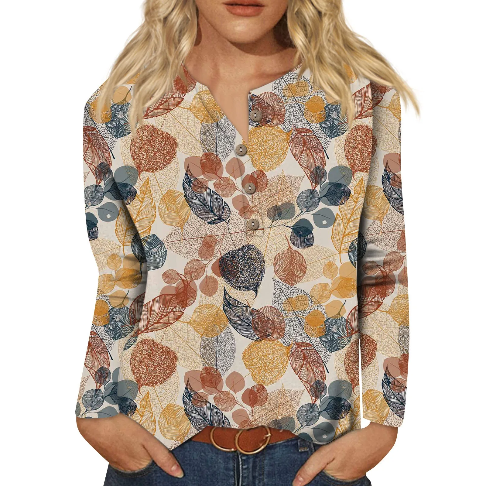 

Clothing Woman Leaves Plants Aesthetic Painting Printed Crewneck Long Sleeve With Button Casual Party Women'S Blouse Camisetas