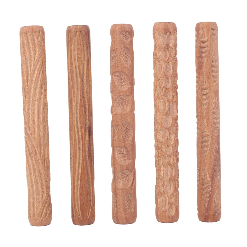 

5PCS Pottery Tools Wood Hand Rollers for Clay Clay Stamp Clay Pattern Roller
